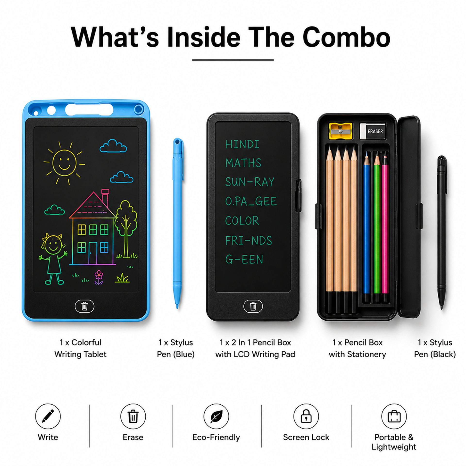 Colorful LCD Writing Tablet + 2 in 1 LCD Writing Pad Pencil Box (WTC2 + STA4)