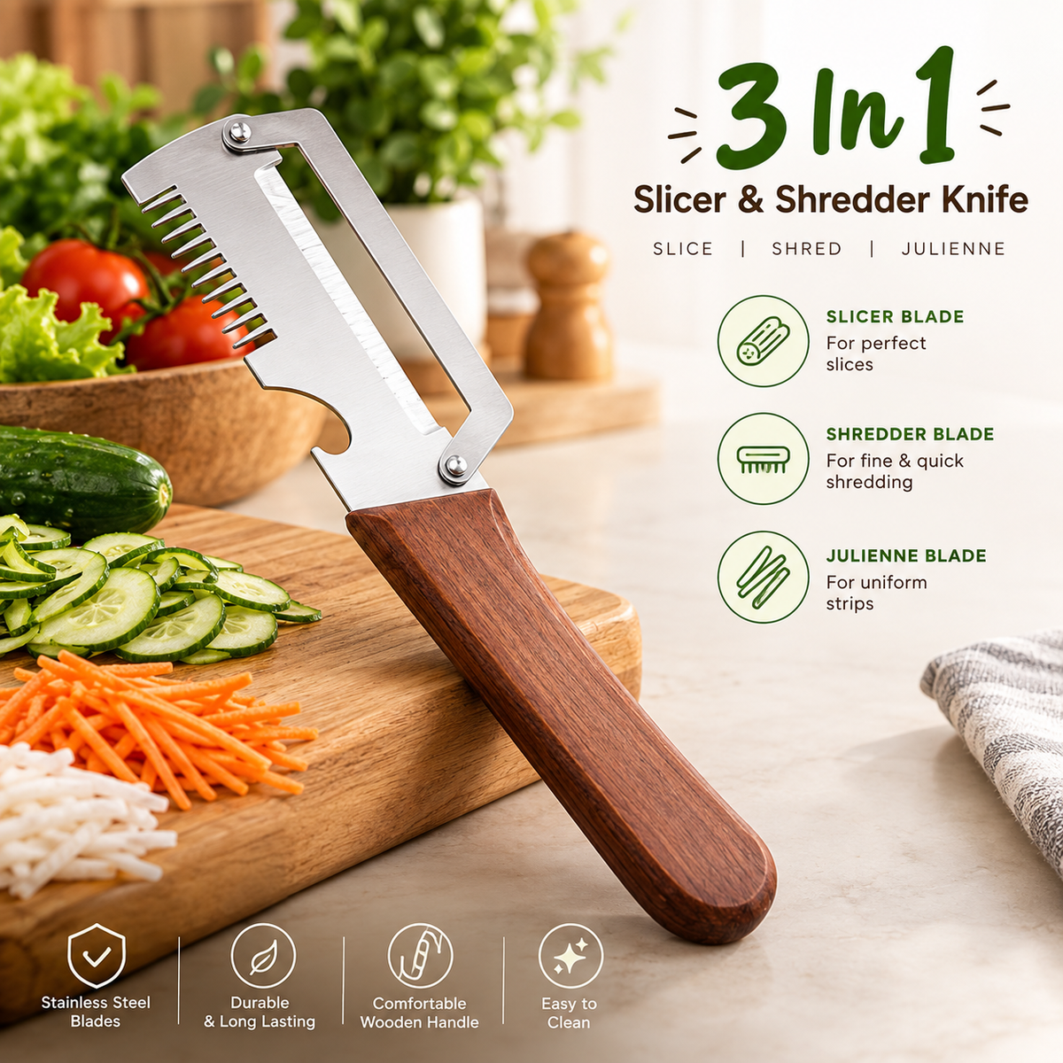 3-in-1 Slicer & Shredder Knife | Multi-Purpose Kitchen Cutting Tool