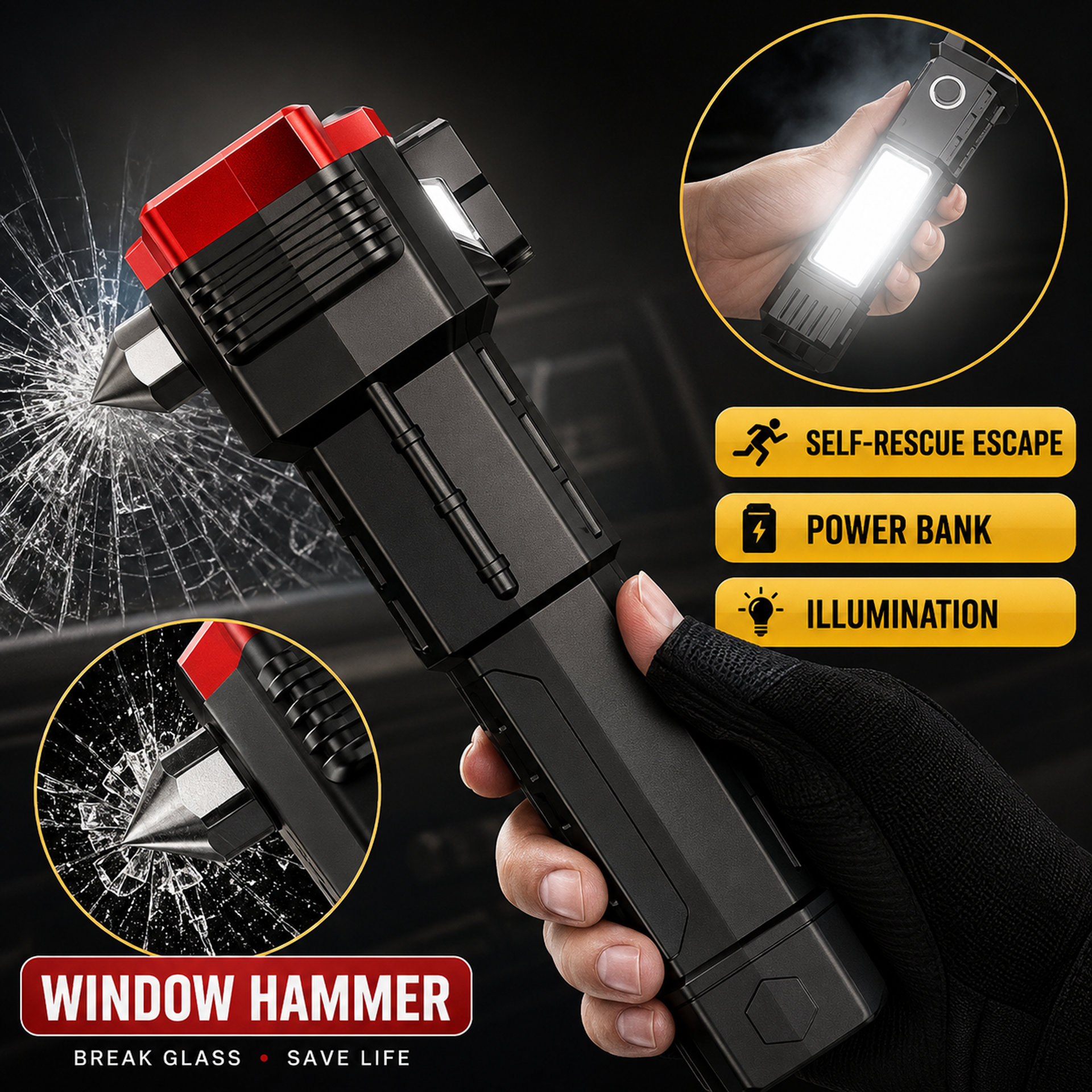 6 in 1 Emergency Hammer Torch Light | Flashlight, Table Lamp, Emergency Light, Safety Hammer, Cutter & Power Bank