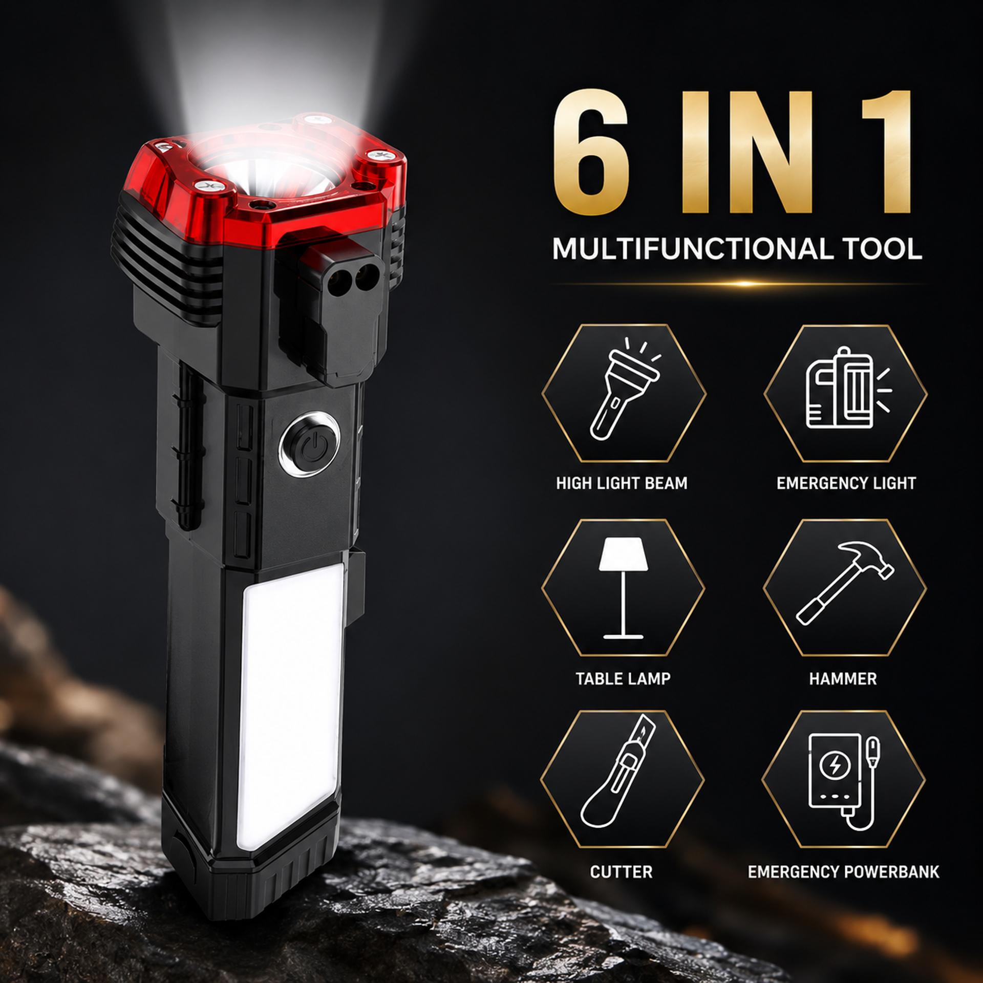 6 in 1 Emergency Hammer Torch Light | Flashlight, Table Lamp, Emergency Light, Safety Hammer, Cutter & Power Bank