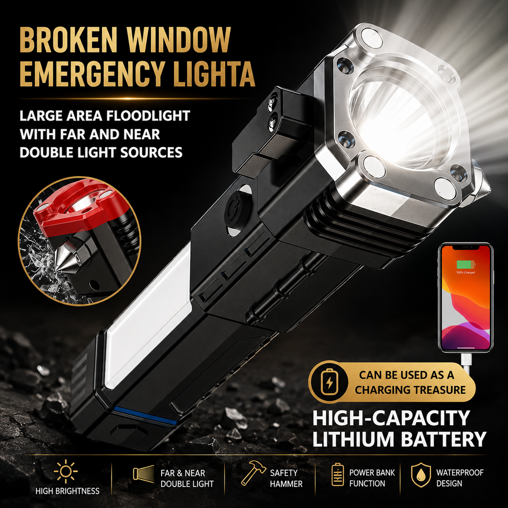 6 in 1 Emergency Hammer Torch Light | Flashlight, Table Lamp, Emergency Light, Safety Hammer, Cutter & Power Bank