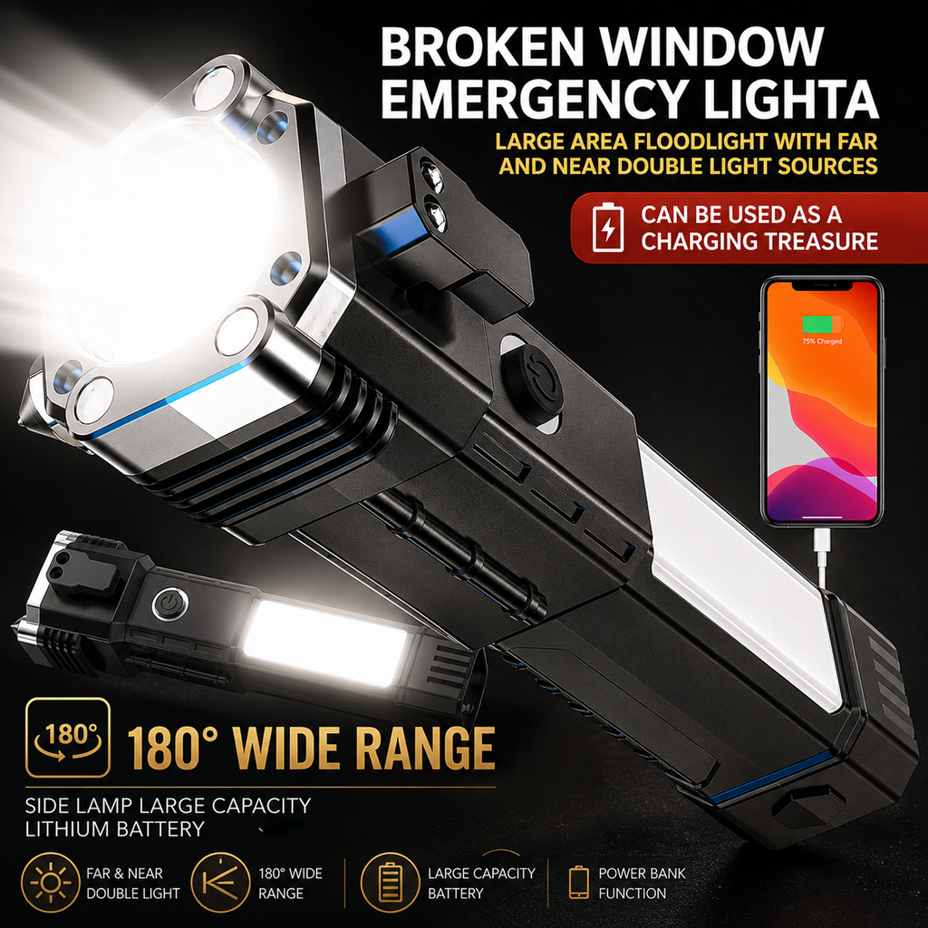 6 in 1 Emergency Hammer Torch Light | Flashlight, Table Lamp, Emergency Light, Safety Hammer, Cutter & Power Bank