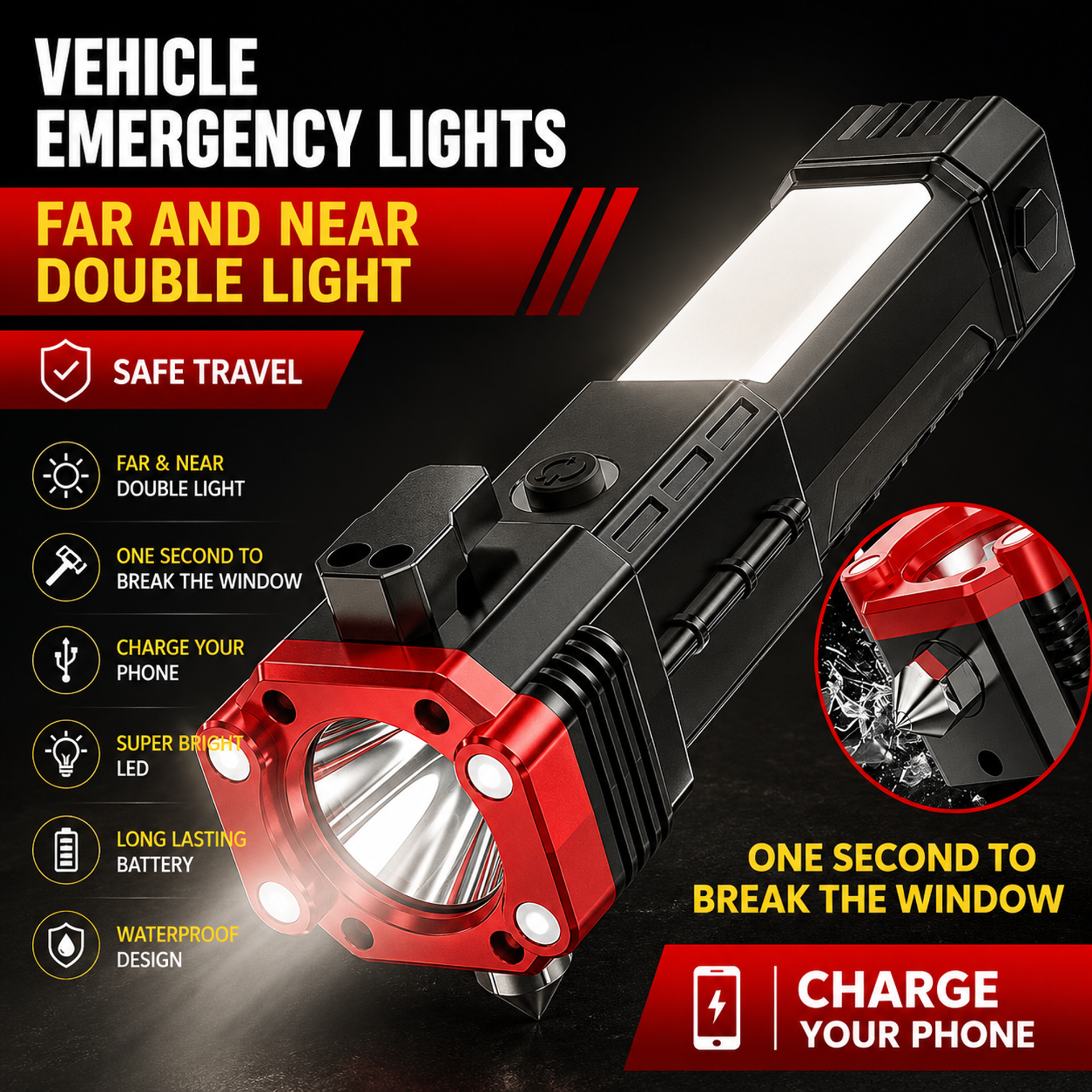 6 in 1 Emergency Hammer Torch Light | Flashlight, Table Lamp, Emergency Light, Safety Hammer, Cutter & Power Bank