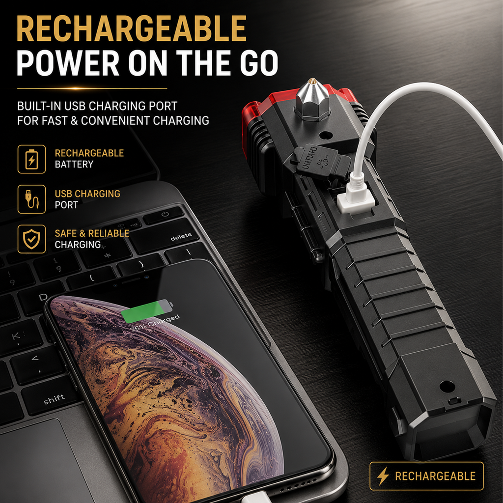 6 in 1 Emergency Hammer Torch Light | Flashlight, Table Lamp, Emergency Light, Safety Hammer, Cutter & Power Bank