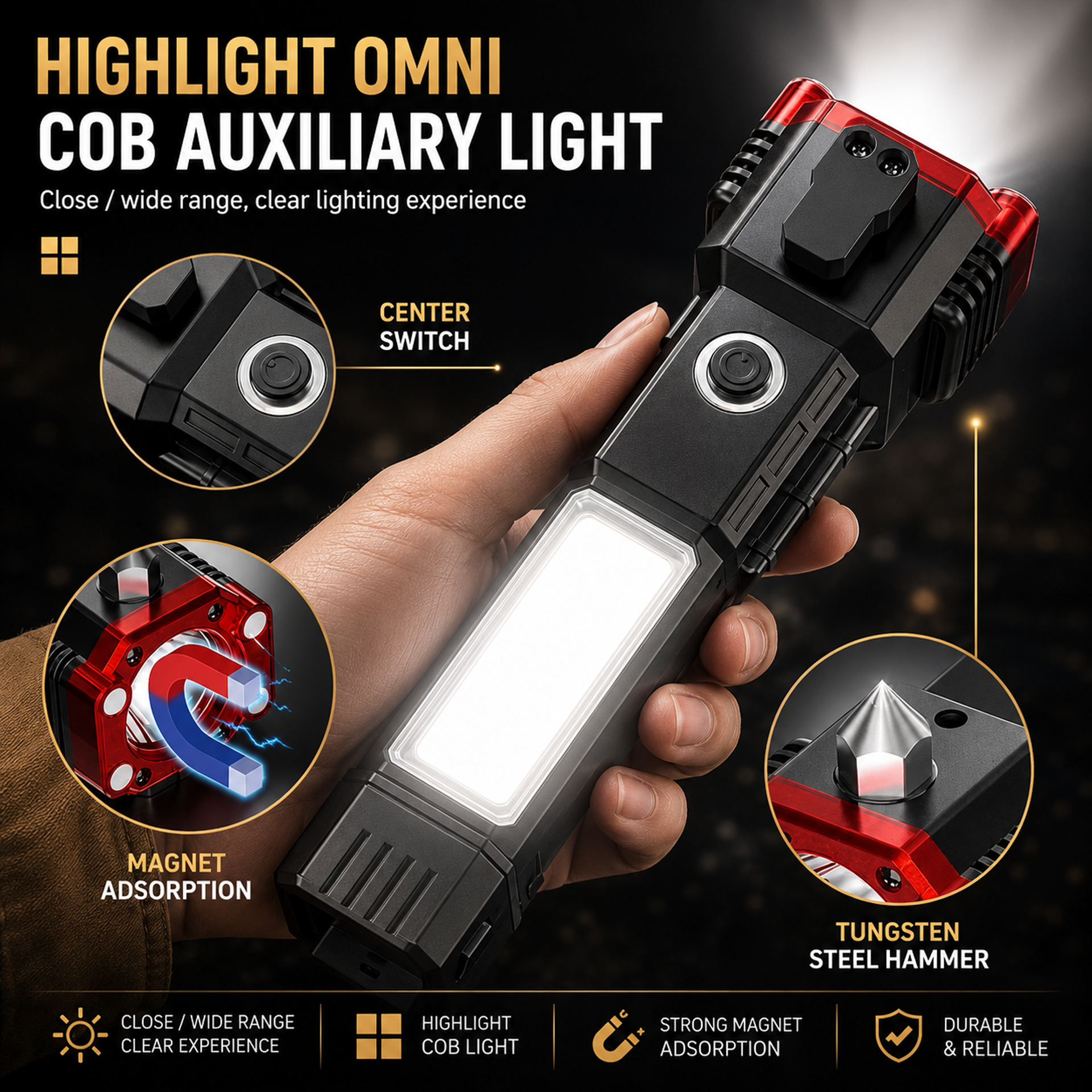 6 in 1 Emergency Hammer Torch Light | Flashlight, Table Lamp, Emergency Light, Safety Hammer, Cutter & Power Bank