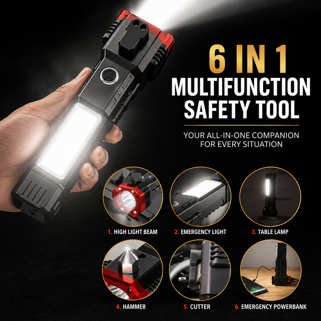 6 in 1 Emergency Hammer Torch Light | Flashlight, Table Lamp, Emergency Light, Safety Hammer, Cutter & Power Bank
