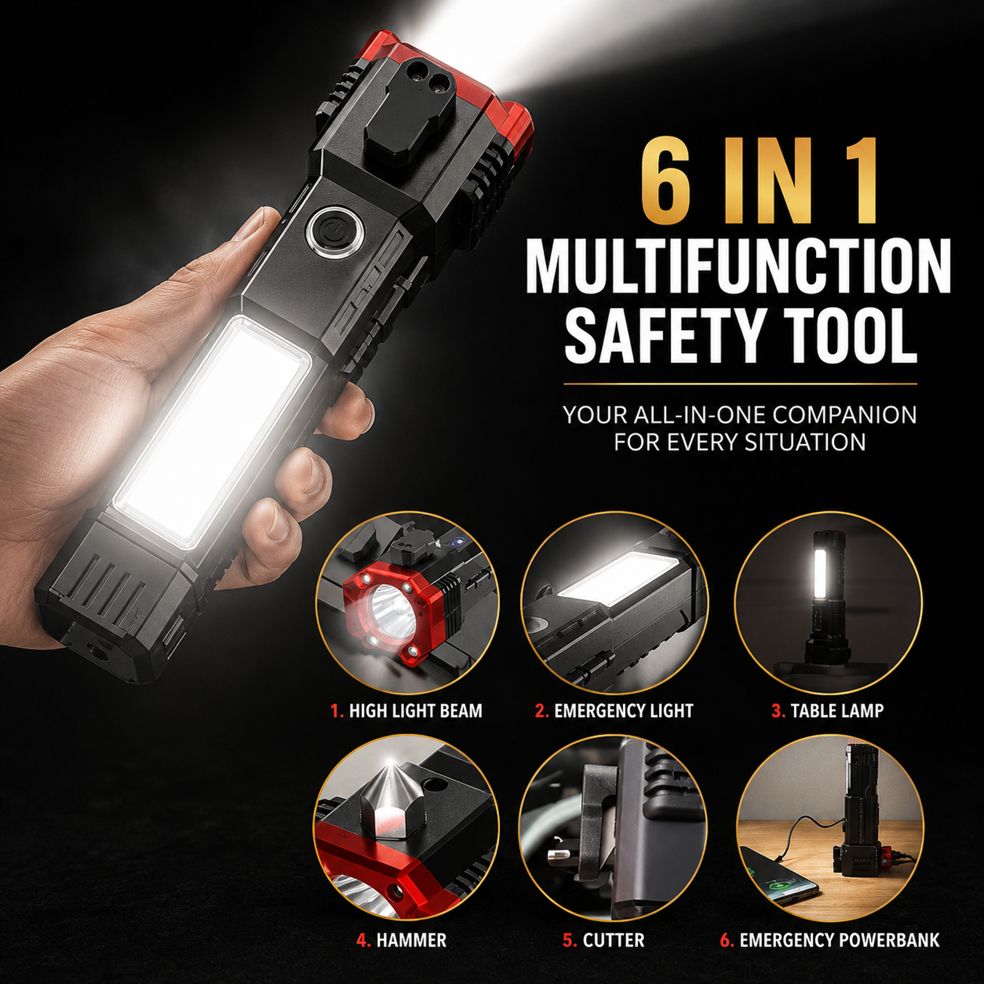 6 in 1 Emergency Hammer Torch Light | Flashlight, Table Lamp, Emergency Light, Safety Hammer, Cutter & Power Bank