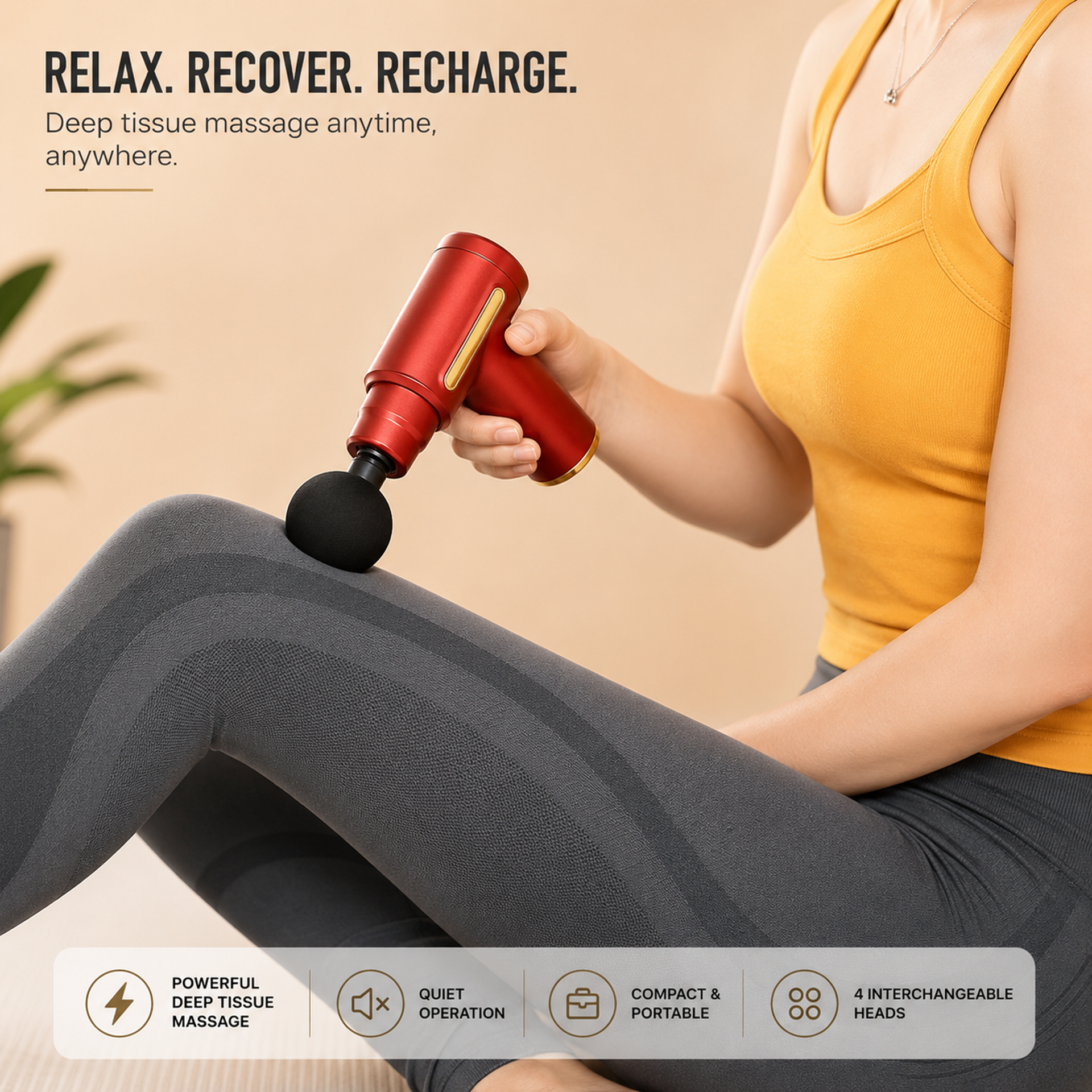 Deep Tissue Relaxation Gun Massager for Pain Relief | 4 Massage Heads