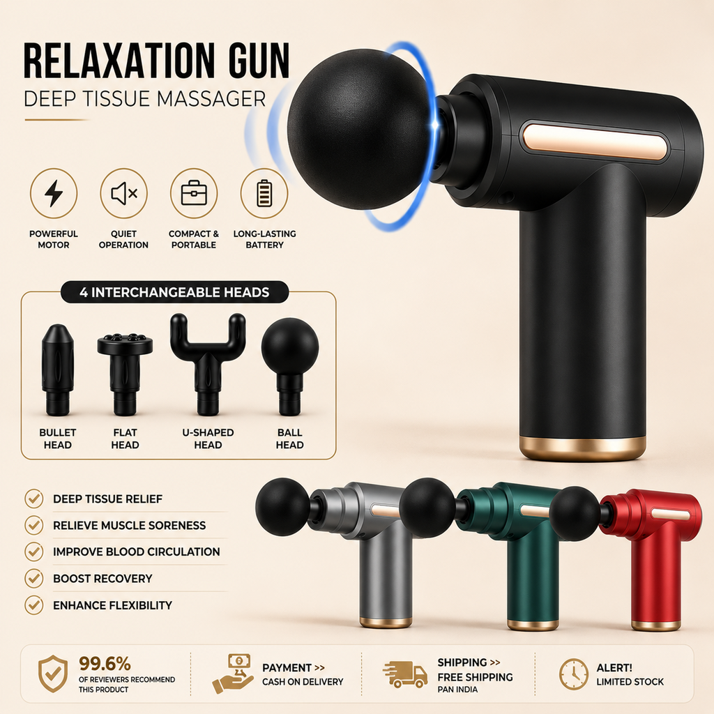 Deep Tissue Relaxation Gun Massager for Pain Relief | 4 Massage Heads