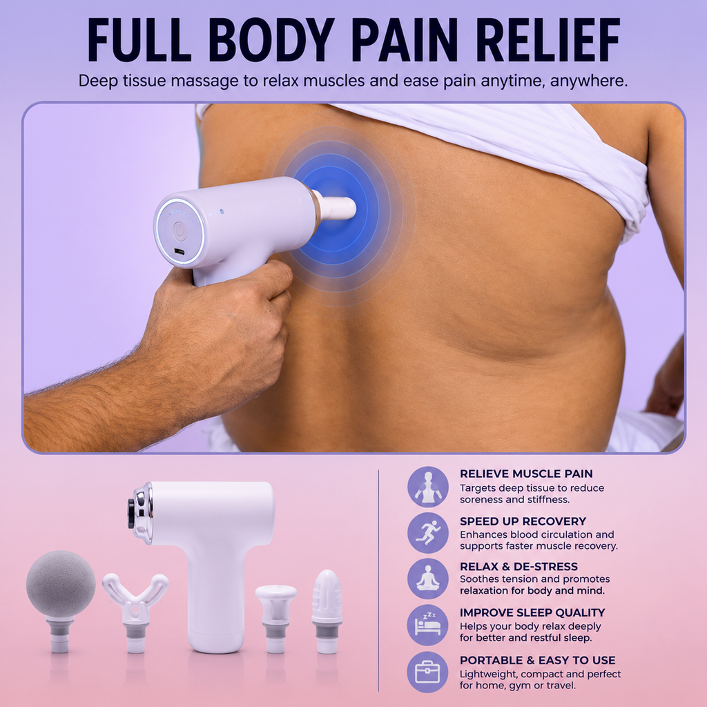 Deep Tissue Relaxation Gun Massager for Pain Relief | 4 Massage Heads