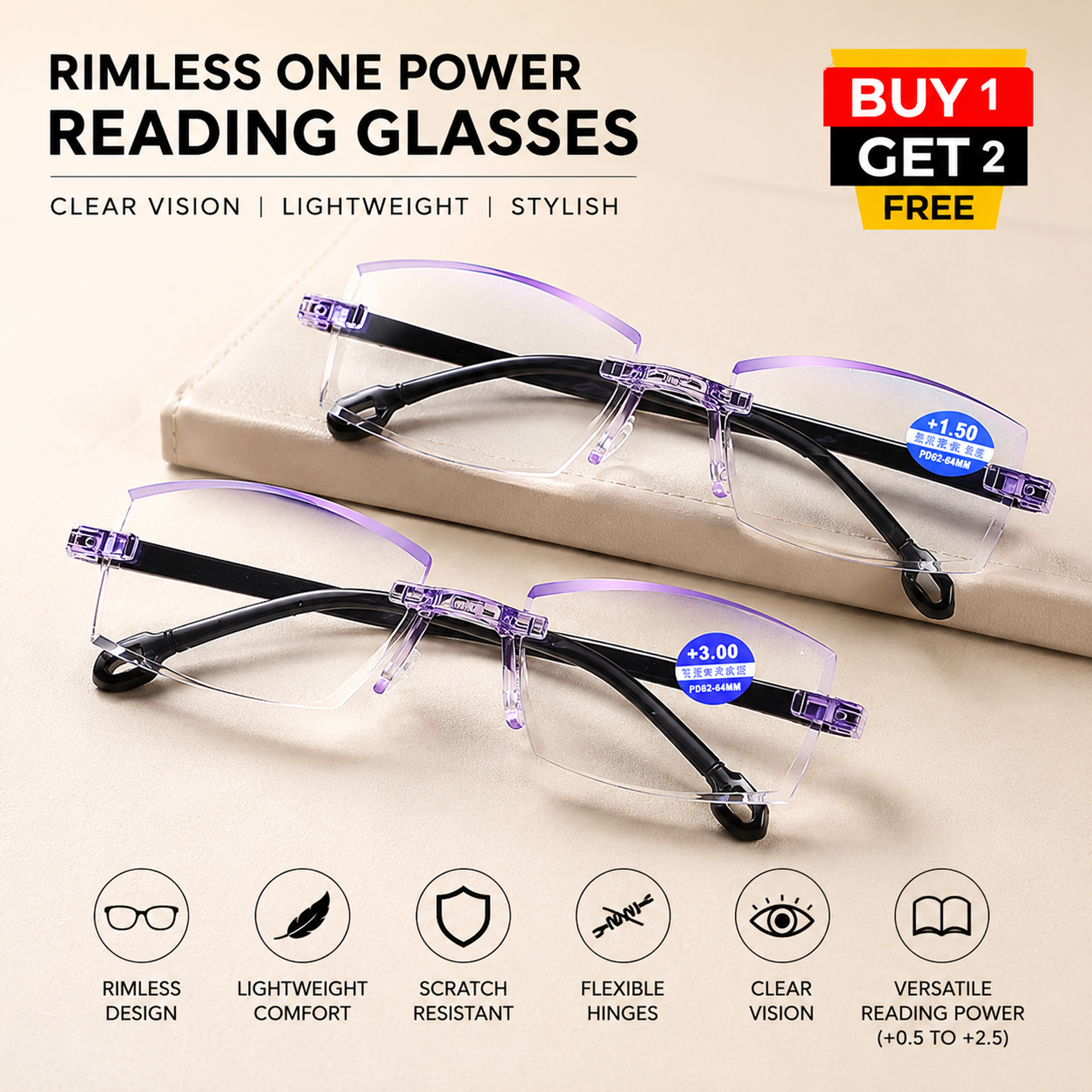 Rimless One Power Reading Glasses – Buy 1 Get 2 FREE @Just ₹499/-