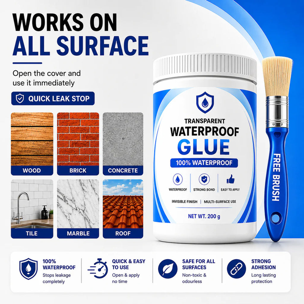 Transparent Waterproof Glue with Free Brush, Multi-Surface Leak Repair Adhesive for Roof, Tiles, Pipes & Bathroom Cracks (Strong, All-Weather Seal)