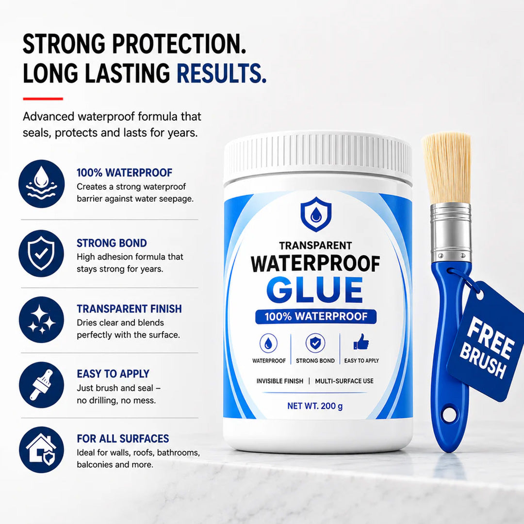 Transparent Waterproof Glue with Free Brush, Multi-Surface Leak Repair Adhesive for Roof, Tiles, Pipes & Bathroom Cracks (Strong, All-Weather Seal)